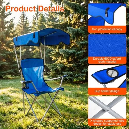 Vista 5 de Silla plegable de playa, silla de campamento, campamento de pesca, silla de césped al aire libre, protección solar, carga de 330 libras, toldo