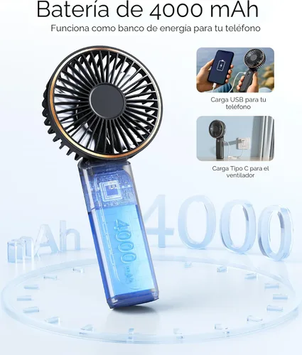 Vista 4 de TUNISE Ventilador de Mano Portátil Recargable, Ventilador Portátil de 4000mAh, Ajustable 180°, 6 Velocidades de Viento, Pantalla de Electricidad