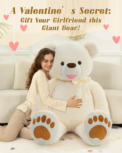 Vista 5 de Tezituor Oso de peluche gigante de 5 pies, suave y tierno oso marrón claro con patas grandes y pajarita, para novia o día de San Valentín