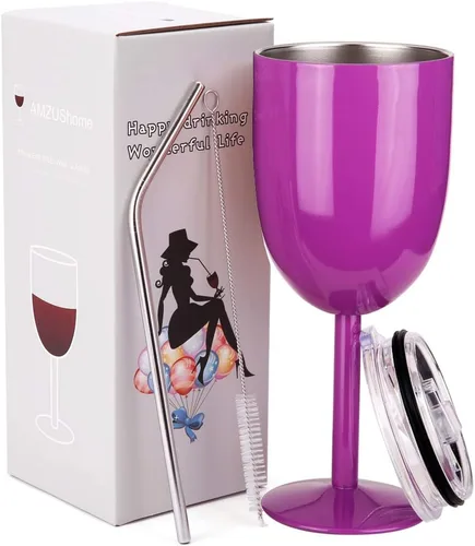 Vista 23 de AMZUShome Copas de vino de acero inoxidable. Vaso de vino de doble pared aislado al vacío con tapa y pajita. Amistad, Navidad, regalos de cumpleaños