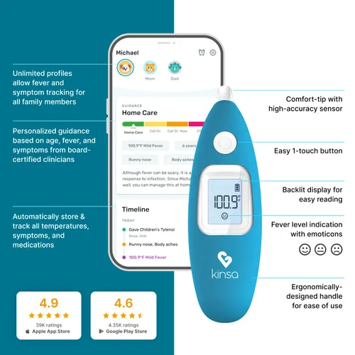 Vista 4 de Kinsa Termómetro inteligente de oído para fiebre, termometro infrarrojo médico, aprobado por la FDA para lecturas de temperatura corporal para todas
