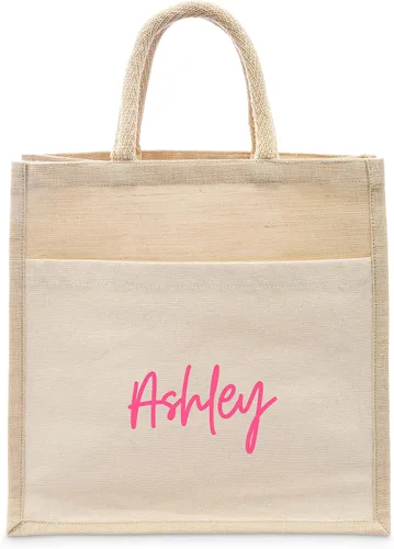 Vista 12 de WEDDINGSTAR Bolso de asas tejido medio personalizado de yute con bolsillo