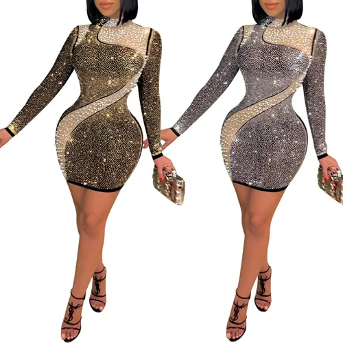 Vista 4 de PORRCEY - Vestido de noche sexy con manga larga y diamantes de imitación para mujer, fiestas y discotecas