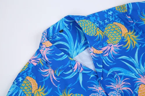 Vista 4 de Camisa estampada hawaiana para hombre, manga corta tropical, camisa de Aloha con botones, ajuste regular con bolsillos