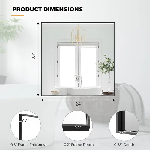 Vista 9 de 24x24 Inch Black Bathroom Mirror for Wall, Aluminum Frame Rectangle Rectangular Vanity Mirror, Modern Large for Bedroom, Living Room, Horizontal or