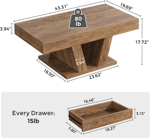 Vista 2 de Mesa de centro de granja con 2 cajones laterales, mesa de té central de madera de 43 pulgadas con almacenamiento oculto, mesa de cóctel rectangular