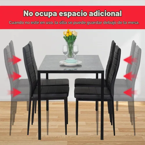 Vista 6 de Juego de mesa y sillas de comedor PayLessHere, moderna mesa rectangular de mármol con tapa y 4 sillas de cuero PU para comedor y cocina, mármol negro