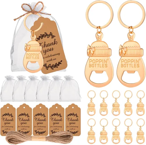 Vista 9 de 50 piezas de abrebotellas con efecto pop para baby shower, lindos recuerdos de abrebotellas con bolsas de organza, regalos de regreso