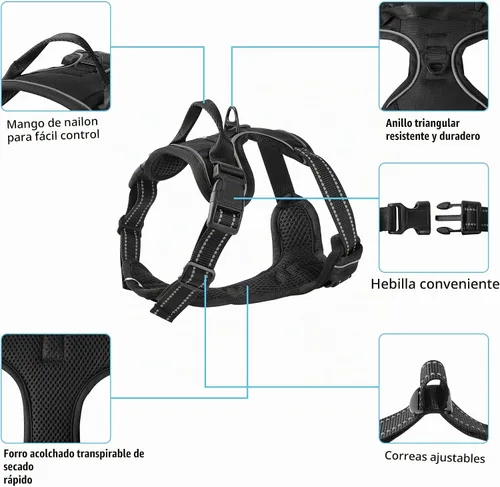 Vista 2 de Arnés negro reflectante sin tirones para perro con 2 clips para correa, chaleco acolchado suave para perros pequeños, fácil de poner y quitar