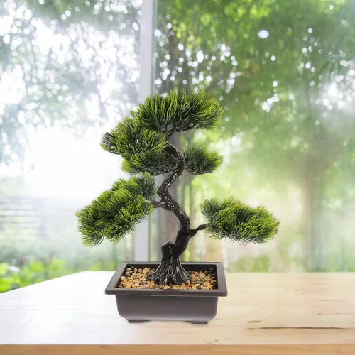 Vista 2 de Árbol de pino bonsái artificial, simulación de imitación de planta en maceta, exhibición de escritorio, adornos de maceta de árbol falso, planta
