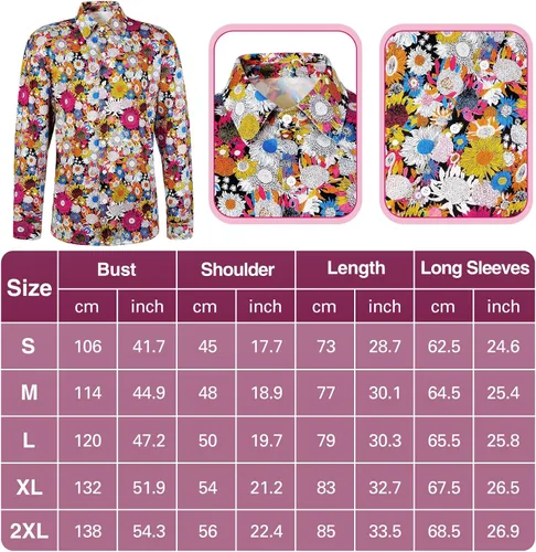 Vista 2 de Disfraz hippie de discoteca de los años 60 y 70 para hombre, diseño floral, vintage, camisa de manga larga, Groovy para Halloween y cosplay
