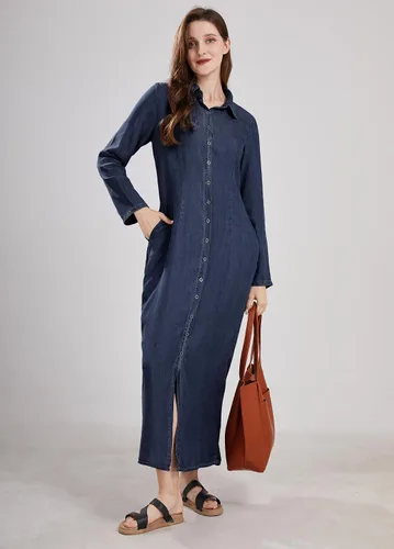 Vista 12 de utcoco Vestido largo casual de mezclilla con botones para mujer, con solapa, manga larga, con bolsillos