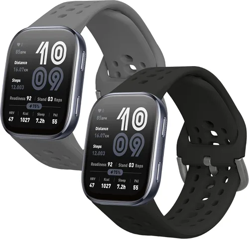 Vista 10 de kwmobile Correa compatible con Amazfit Bip 6 / Bip 5 Unity/Bip 5 / GTS 3 / Balance 2 / Correa de repuesto de silicona para reloj - Negro/Gris oscuro
