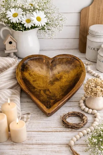 Vista 4 de Cuenco de madera para masa, cuenco decorativo de madera en forma de corazón de 12 pulgadas, roble español, excelente regalo para el día de San