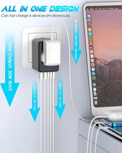 Vista 2 de Adaptador universal de viaje, 30 W 6.0 A, 5 puertos USB C/A y salida de CA de 2500 W International Power Adapter for Europe UK US AU 200+ 3 USB