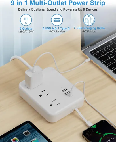 Vista 3 de Regleta de alimentación de viaje con puertos USB, 3 cables integrados, cable de extensión de enchufe plano, 3 tomacorrientes, 6 USB con cable