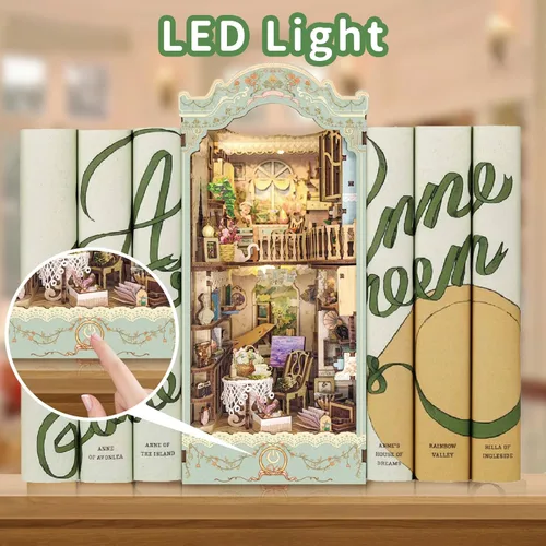 Vista 2 de Kit de bricolaje para rincón de libros, inserto de estantería para casa de muñecas, rompecabezas de madera 3D con cubierta antipolvo LED, kit