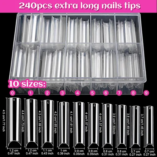 Vista 8 de Puntas de uñas postizas cuadradas extralargas de ABS, kit de 240 piezas con curva C, pegamento de uñas, lima para salón de belleza, hogar y bricolaje