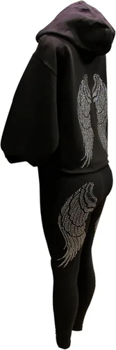 Vista 6 de Plata y Negro Rhinestone alas de ángel manga larga Capucha cierre Suéter Negro