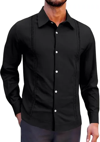 Vista 11 de Camisas de guayabera cubana para hombre, manga corta, sin doblar, con botones, color sólido, camisas de boda para trabajo, camisas casuales