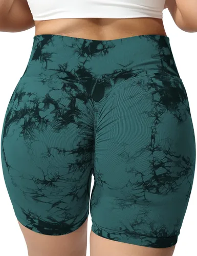 Vista 3 de VOYJOY Pantalones cortos de ciclismo de cintura alta para mujer, sin costuras, con contorno de sonrisa, para entrenamiento, yoga, con levantamiento