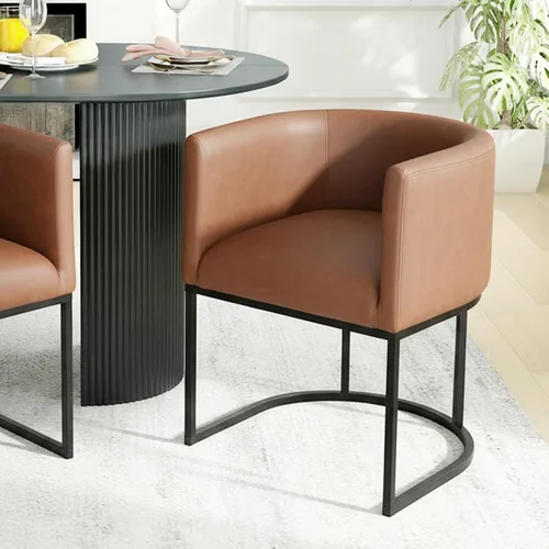 Vista 43 de HNY Silla de comedor moderna de mediados de siglo tapizada en forma de barril, negra, con brazos, silla de cocina y comedor de cuero, silla auxiliar