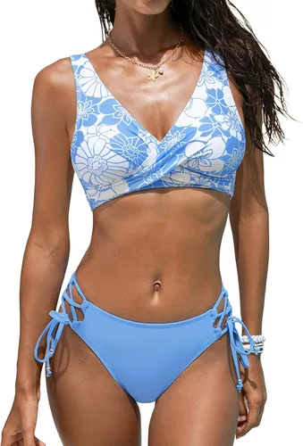 Vista 10 de CUPSHE - Bikini para mujer - Traje de baño de dos piezas con estampado floral y tiras. Negro