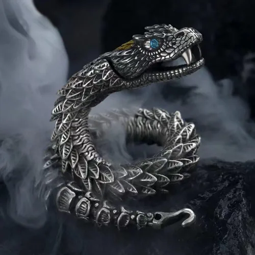 Vista 2 de Pulsera de cadena de serpiente, lujoso estilo de metal antiguo, cobre del zodiaco, serpiente del zodiaco, cierre de gancho, hip hop para hombres