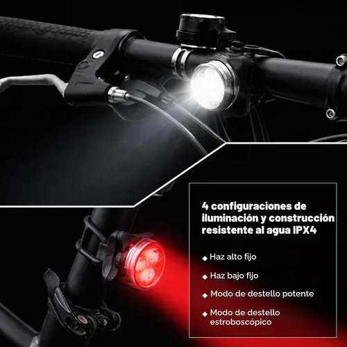 Vista 4 de Juego de 4 luces de bicicleta recargables por USB, impermeables, faros delanteros y traseros LED y luces traseras para bicicleta de montaña, 4 modos