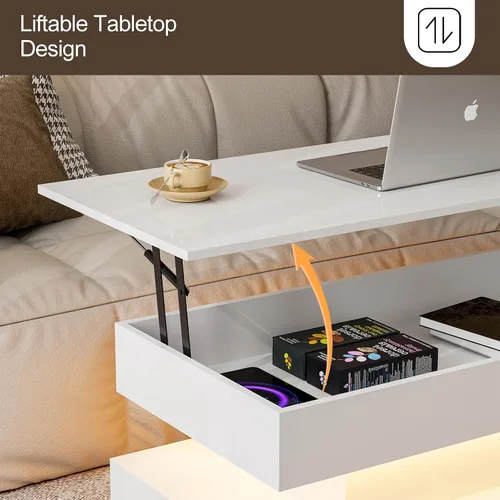 Vista 5 de IKIFLY Moderna mesa de centro LED elevable, alto brillo con compartimento oculto y 2 cajones, parte superior elevadora para sala de estar