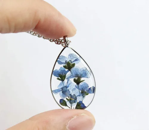 Vista 2 de SI EASY Forget Me Not Pressed - Collar de flores azules floral, secado real, naturaleza botánica, colgante moderno de lágrima, regalo de novia, día