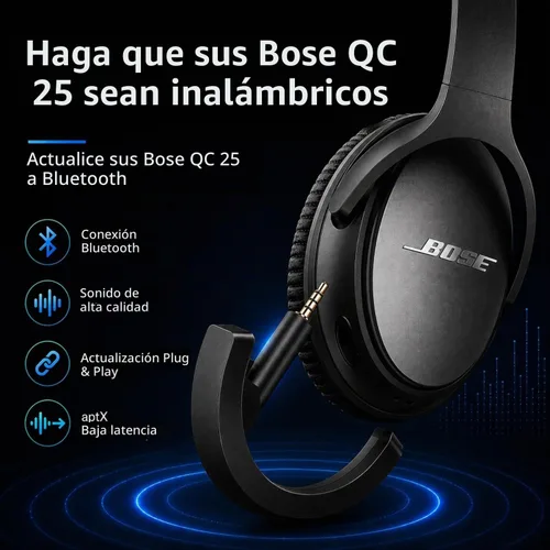 Vista 2 de Adaptador Bluetooth inalámbrico aptX mejorado para auriculares Bose QuietComfort 25 QC 25 con micrófono/control de volumen, negro Añade audio