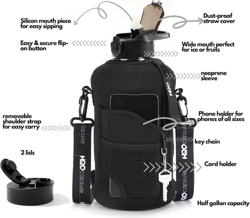 Vista 2 de H2O Capsule - Botella de agua de medio galón con funda de almacenamiento y popote extraíble - Botella grande y reutilizable para bebidas con asa sin