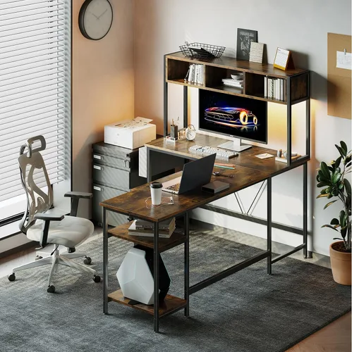 Vista 7 de DUMOS Escritorio para juegos en forma de L de 67 pulgadas, escritorio reversible para computadora con luces LED, mesa esquinera con bandeja