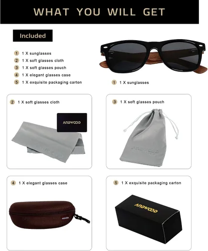 Vista 7 de ANDWOOD Gafas de sol polarizadas de madera para hombres y mujeres, protección UV, marco de bambú de madera, gafas de sol espejadas