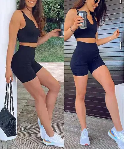Vista 5 de Mejialaa Conjuntos de entrenamiento acanalados para mujer, trajes de yoga de 2 piezas, leggings, camisetas sin mangas, sin costuras, gimnasio, ropa