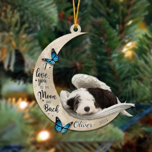 Vista 31 de Adorno colgante personalizado de ángel durmiendo en la luna, perro sabueso afgano, nombre personalizado, acrílico impreso en 2D plano – cumpleaños