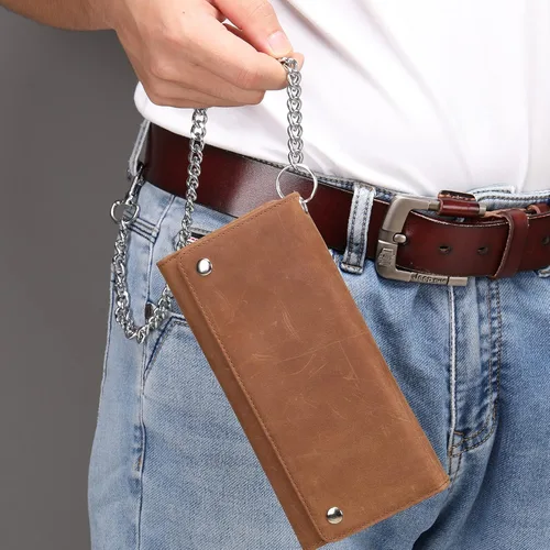 Vista 6 de Cartera de piel auténtica con tres pliegues para hombre con cadena cartera de motociclista con cadena larga y resistente Marrón largo