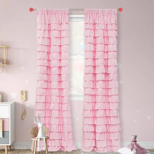 Vista 13 de Cortinas negras con volantes, 2 paneles, paneles de ventana con volantes de 12 capas, cortinas de estilo rústico para dormitorio, baño, bolsillo