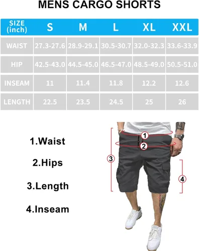 Vista 6 de BUXKR Pantalones cortos para hombre con bolsillos con solapa y cordón de ajuste, pantalones cortos de entrenamiento de algodón con múltiples