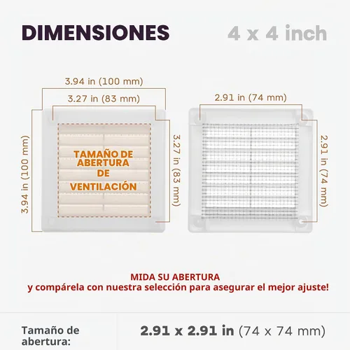 Vista 2 de Medida de apertura de 3'' x 3'' pulgadas / Rejilla externa de ventilación cuadrada blanca con malla protectora - Registro de plástico ligero Blanco