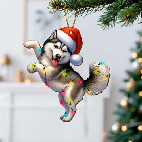 Vista 2 de Adornos colgantes de Navidad de Husky impresos por dos lados, recuerdo para mujeres, hombres y amigos, decoraciones colgantes de árbol de Navidad