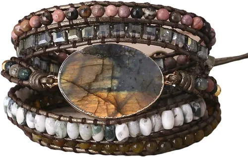 Vista 20 de Women Boho Wrap Bracelet Natural Jasper Crystal Stone Bead Strand Bracelets Marrón