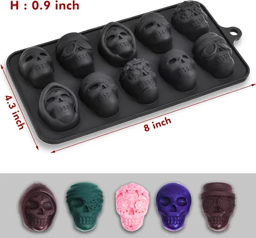 Vista 2 de Webake Molde de calavera para chocolate con 5 formas diferentes, molde de esqueleto de silicona para Halloween, chocolate, dulces, gelatina, hielo
