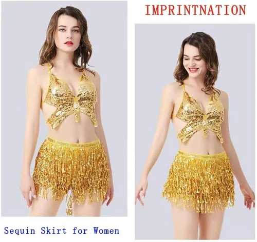 Vista 2 de Falda de danza del vientre con lentejuelas brillantes, bufanda bohemia con borlas para mujer, disfraz de rave
