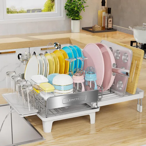 Vista 9 de Escurridor de platos expandible para encimera de cocina, acero inoxidable 304, placa retráctil abatible, ajustable multidireccional, estante
