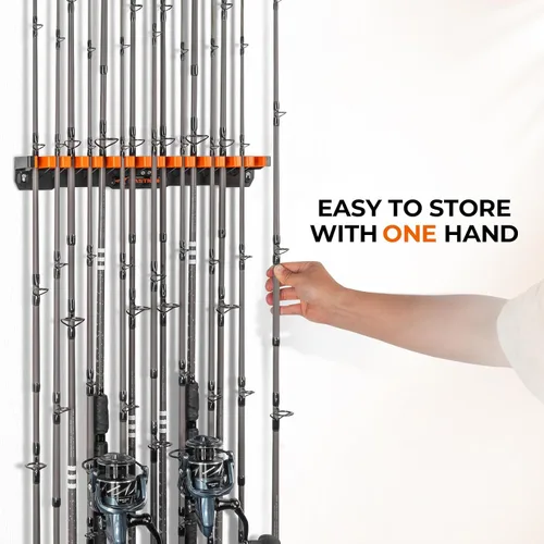 Vista 4 de KastKing V15HD Soporte vertical para caña de pescar resistente – Soporte para caña de pescar montado en la pared, almacena 15 cañas grandes o combos