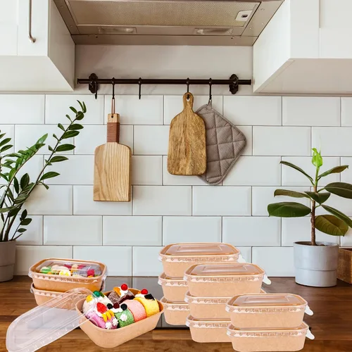 Vista 4 de 60 cuencos desechables de papel kraft a granel, rectángulo, extragrueso, a prueba de fugas, recipiente de alimentos con tapa de plástico