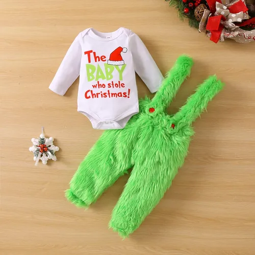 Vista 2 de Vestido de Navidad para niñas recién nacidas, manga larga, cuello redondo, mameluco + medio vestido de lentejuelas de felpa