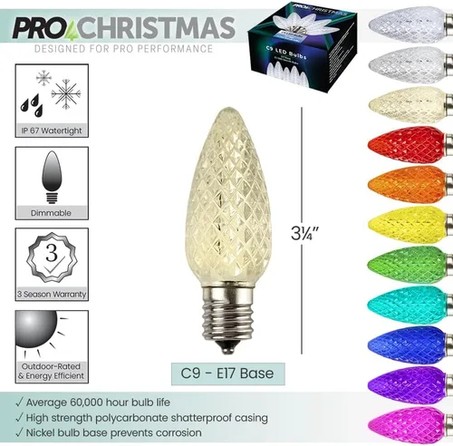 Vista 2 de Pro Christmas - Kit de luces C9 para exteriores, blanco cálido, cable verde, 50 bombillas, 50 pies